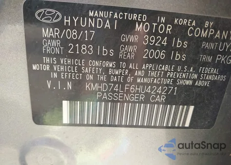 2017 Hyundai Elantra Se from USA, damaged, VIN KMHD74LF6HU424271